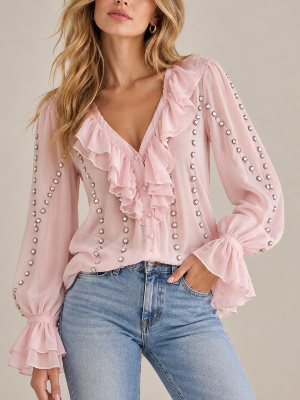 Boston Proper Parisian Pearl Embellished Ruffle Blouse Pink Quartz XS $120